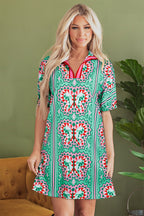 Mint Green Geometric Butterfly Print Split Neck Short Sleeve Dress