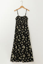 Black Floral Spaghetti Strap Shirred Bodice Tied Empire Waist Maxi Dress