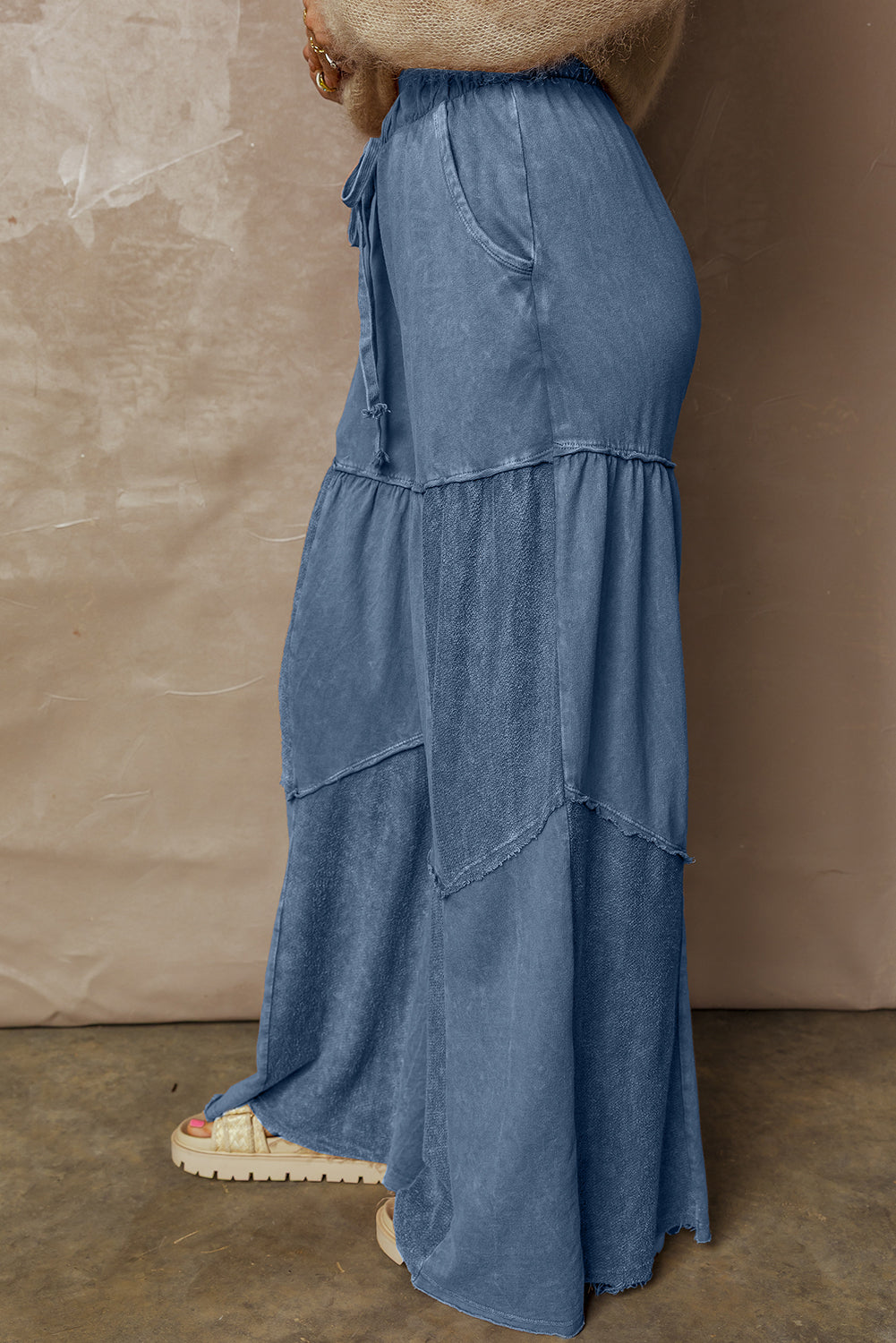 Black Mineral Wash Tiered Wide Leg Patchwork Drawstring Pants