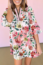 Red Floral Contrast Striped V Neck Puff Half Sleeve Shift Dress