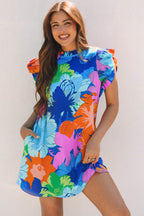 Blue Bold Floral Flutter Sleeve Shift Mini Dress with Pockets