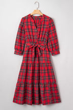 Red Christmas Plaid V Neck 3/4 Sleeve Tie Waist Ruffle Hem Long Dress