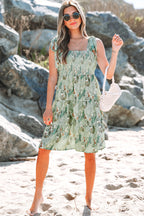 Gray Floral Knotted Strap Smocked Tiered Ruffle Mini Dress