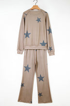 Khaki Retro Star Print Loose Long Sleeve Drawstring Wide Leg 2pcs Lounge Set