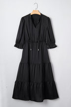 Black Flounced Bracelet Sleeve V Neck Tiered Maxi Dress