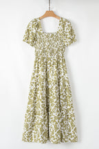 Yellow Boho Floral Square Neck Smocked Bust Puff Sleeve Tiered Long Dress