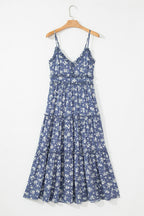 Blue Floral Spaghetti Strap Frilled V Neck Tiered Midi Dress