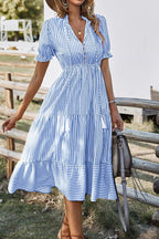 Sky Blue Stripe Button Tassel Tie Detail Frilled Short Sleeve Flared Midi Dress