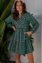 Green Plaid Print Frilly Collar Long Sleeve Shift Mini Dress