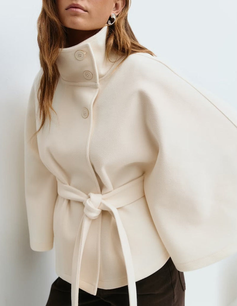Elegant High Neck Batwing Sleeve Coat With Belt