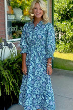 Sky Blue Floral Printed Frilled V Neck Bracelet Sleeve Long Dress