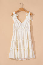 Oatmeal Solid Color Tied Straps Ruffle Tiered Mini Dress