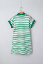 Green Stripe Quarter Zip Polo Collar T Shirt Dress with Pockets