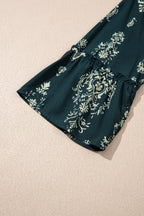 Red Boho Floral Print Lettuce Trim 3/4 Sleeve Mini Dress