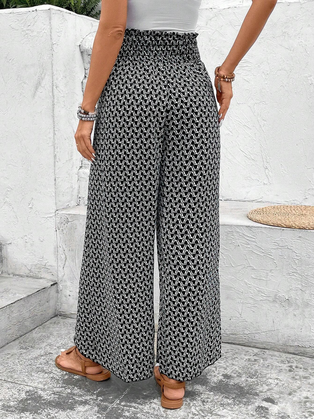 Pink Bohemian Print Slit Wide Leg Smocked High Waist Pants
