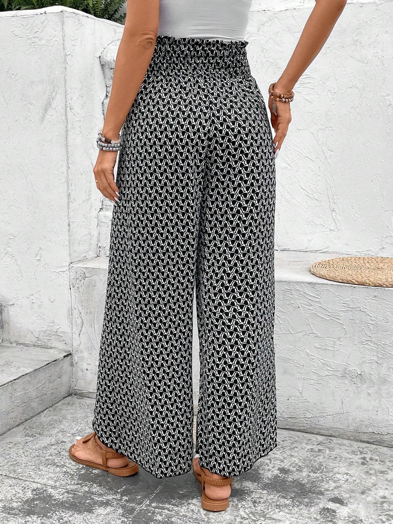 Pink Bohemian Print Slit Wide Leg Smocked High Waist Pants