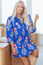 Blue Floral Print Button Detail 3/4 Puff Sleeve Ruffle Hem Dress