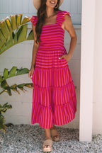 Rose Stripe Flutter Sleeve Smocked Bodice Tiered Maxi Dress