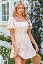 Pink Floral Puff Sleeve Square Neck Knotted Open Back Ruffled Mini Dress