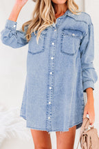 Beau Blue Chest Pocket Raw Hem Denim Loose Shirt Dress