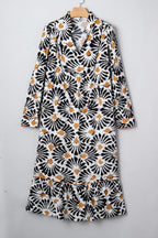 Black Abstract Floral Print Split V Neck Long Dress with Sleeves