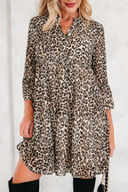 Khaki Leopard 3/4 Sleeve V Neck Swing Dress