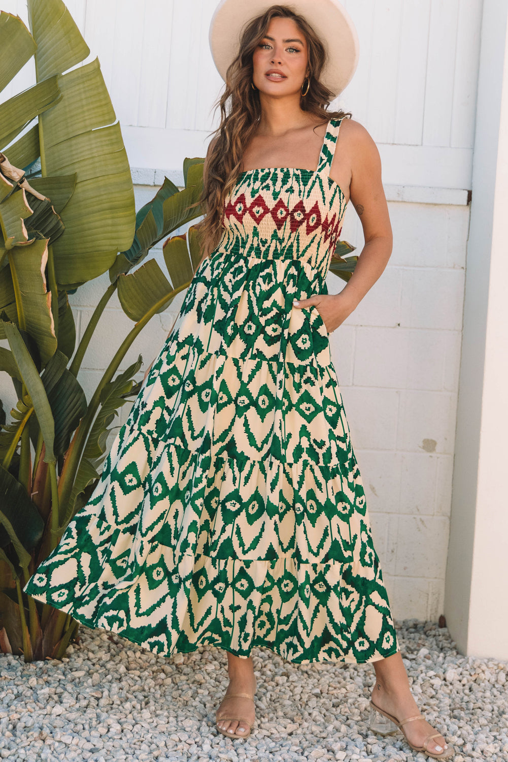 Green Western Aztec Shirred A-line Sleeveless Maxi Dress
