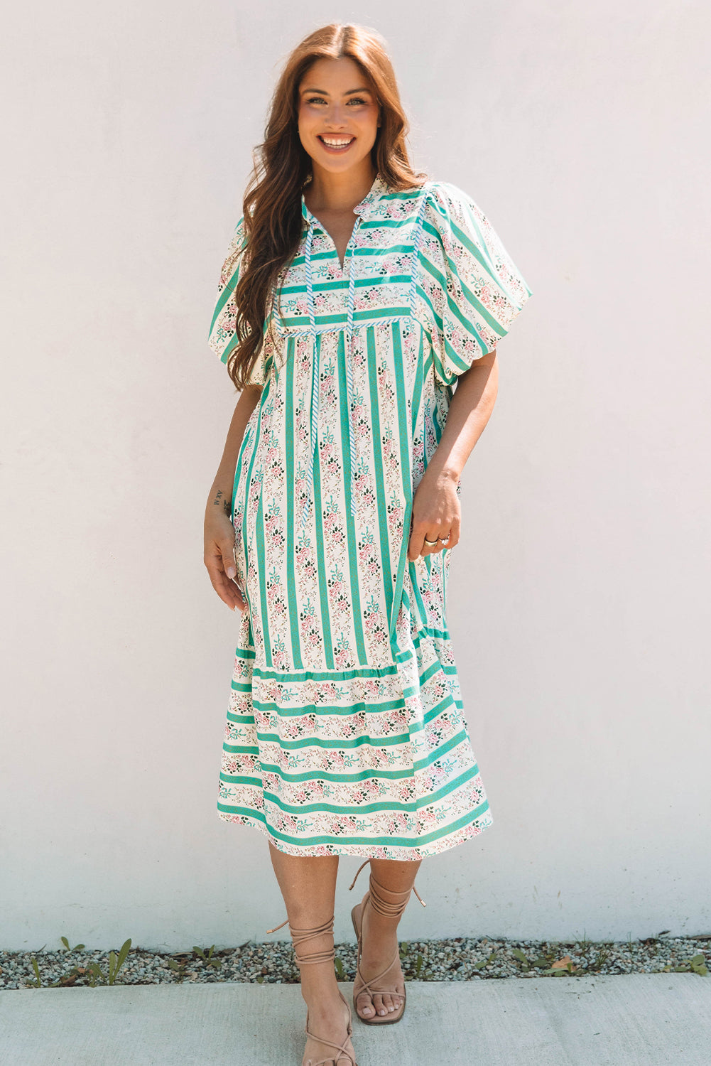 Multicolour Striped Floral Print Tie Split Neck Puff Sleeve Midi Dress