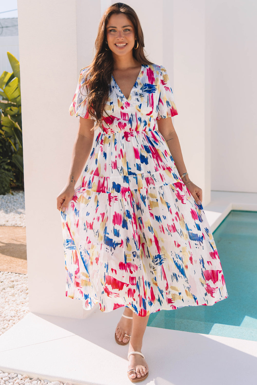 Sky Blue Abstract Print Short Puff Sleeve Tiered Maxi Dress