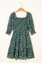 Green Smocked Square Neck Puff Short Sleeve Floral Dress