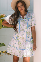 Pink Floral Striped Print Contrast Trim Tie Split Neck Mini Dress