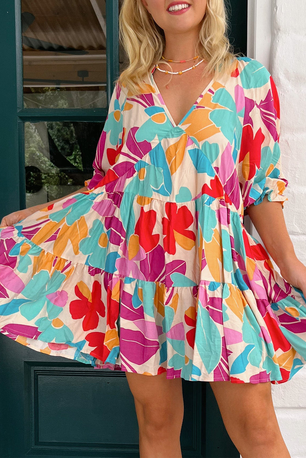 Rose Red Floral Bubble Sleeve V Neck Tiered Ruffle Babydoll Dress