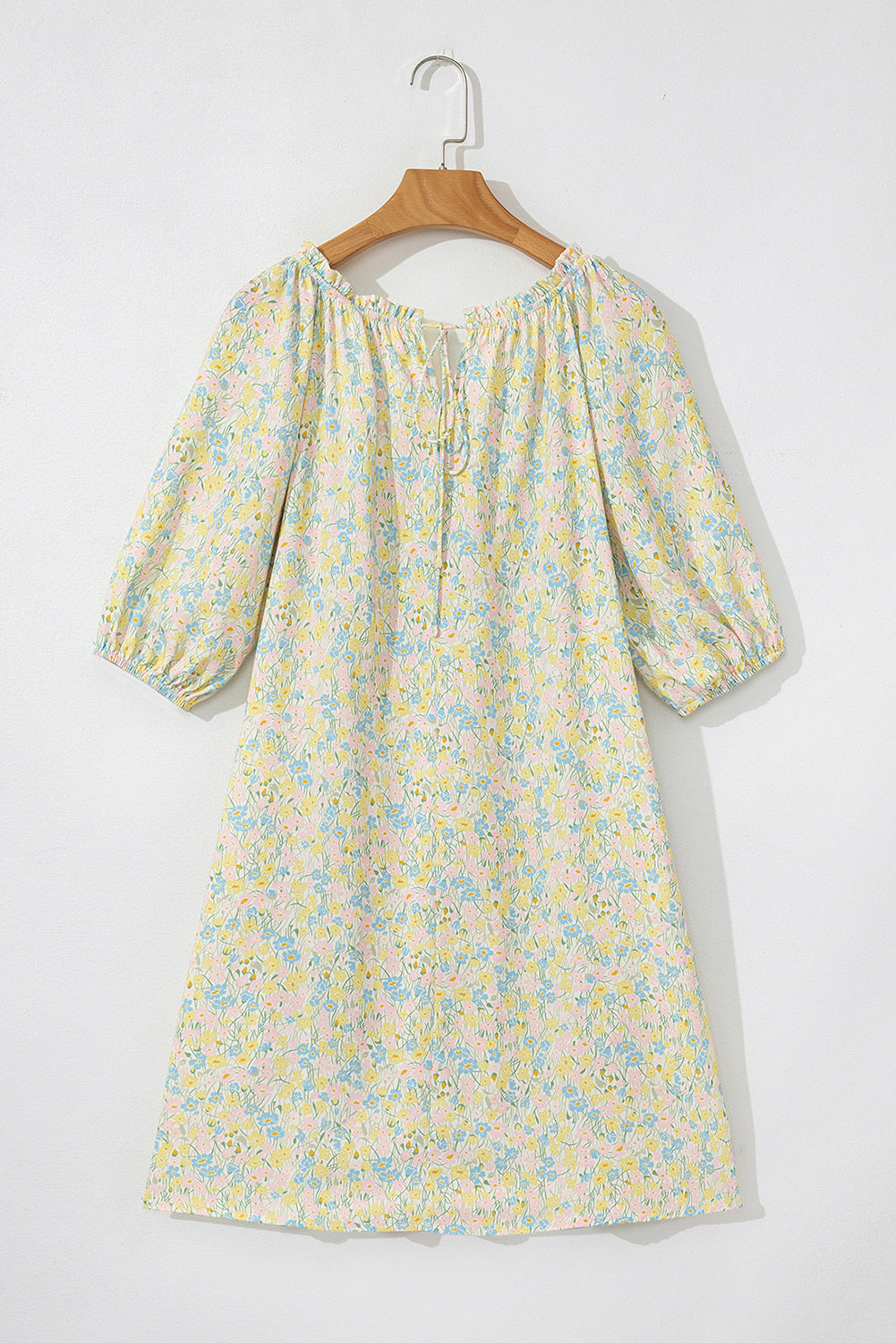 Green Floral Half Sleeve Frilled U Neck A-line Short Dress