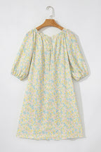 Green Floral Half Sleeve Frilled U Neck A-line Short Dress