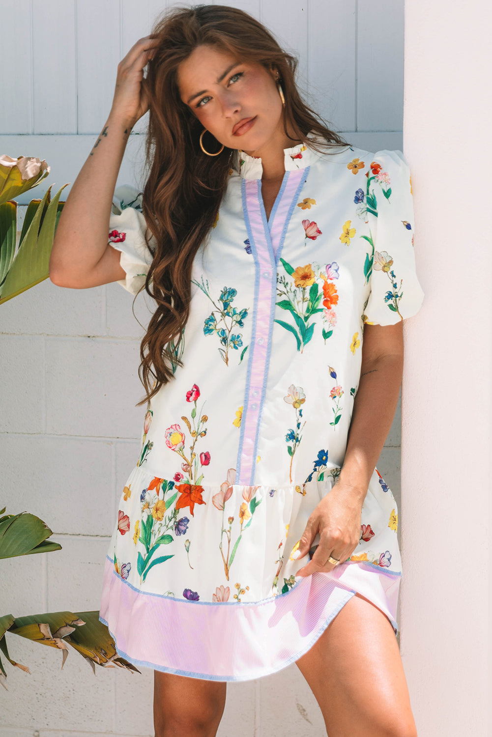 White Floral Print Contrast Striped Patchwork Short Puff Sleeve Dress