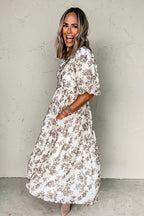 Khaki Floral Puff Sleeve V Neck Buttoned Front Maxi Dress