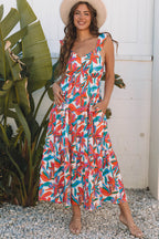 Red Boho Floral Ruffled Strap V Neck Maxi Dress