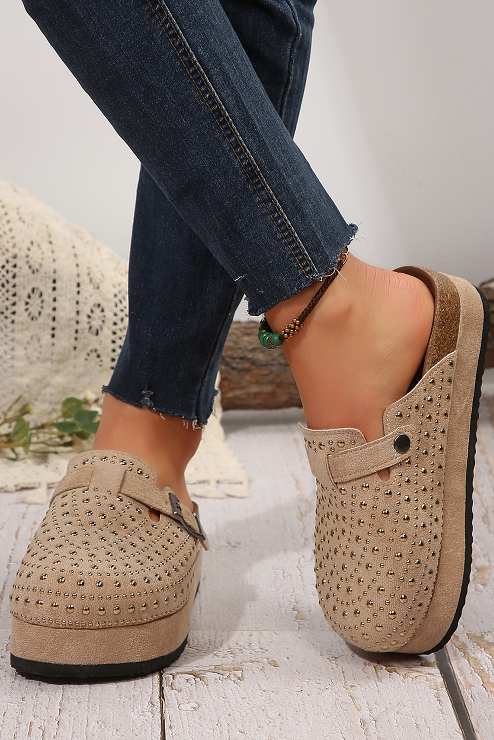 Parchment Rivet Buckle Closed Toe Platform Slippers