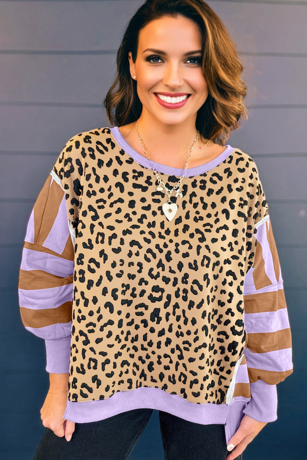 Khaki Leopard Striped Patchwork Plus Size Loose Sweatshirt