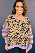 Khaki Leopard Striped Patchwork Plus Size Loose Sweatshirt