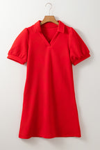Fiery Red Textured Collared V Neck Puff Short Sleeve Shift Mini Dress
