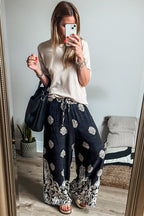 Black Bohemian Printed Drawstring Elastic Waistband Wide Leg Pants