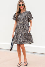 Brown Denim Leopard Printed Short Puff Sleeve Mini Dress
