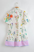 White Floral Print Contrast Striped Patchwork Short Puff Sleeve Dress