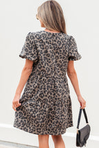 Brown Denim Leopard Printed Short Puff Sleeve Mini Dress