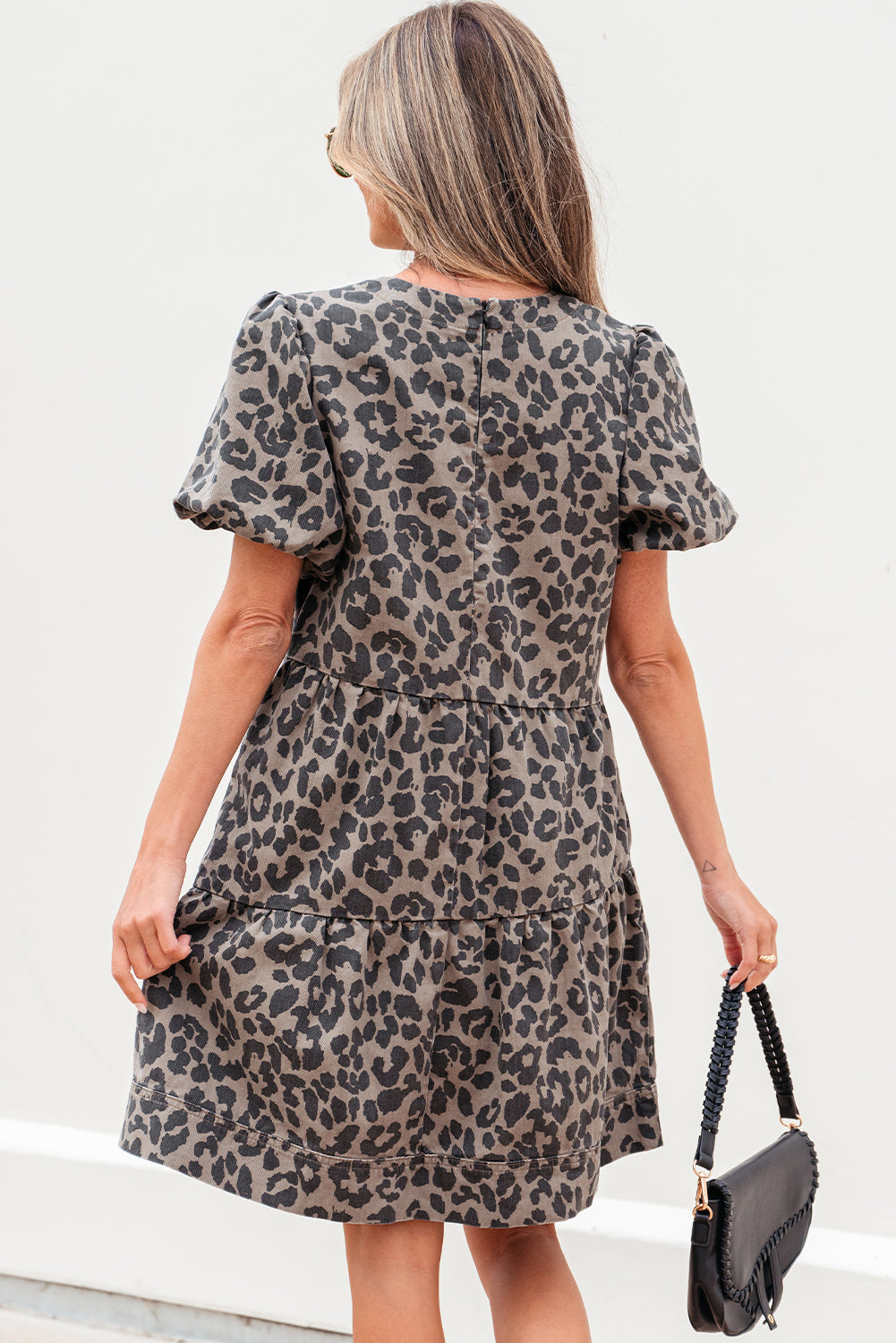 Brown Denim Leopard Printed Short Puff Sleeve Mini Dress