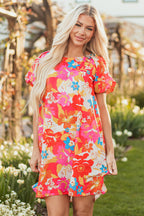 Pink Floral Print Bubble Short Sleeve Dress