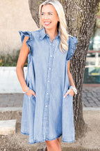 Beau Blue Double Ruffled Sleeves Buttoned A-line Collared Mini Denim Dress