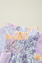 Multicolour Floral Smocked Mock Neck Ruffled Tiered Bubble Sleeve Dress