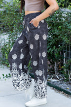 Black Bohemian Printed Drawstring Elastic Waistband Wide Leg Pants